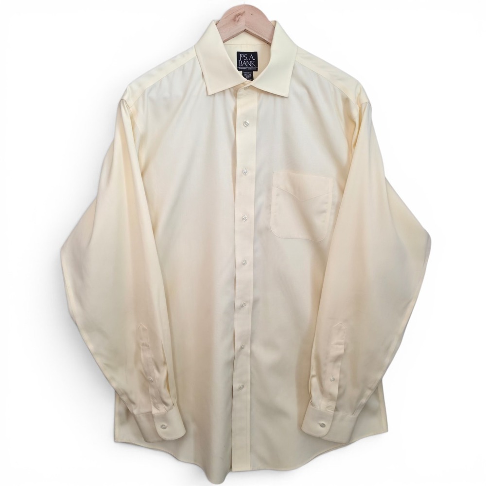 Jos A Bank Dress Shirt 16.5 35 Yellow Button Tailored Fit Traveler Career
